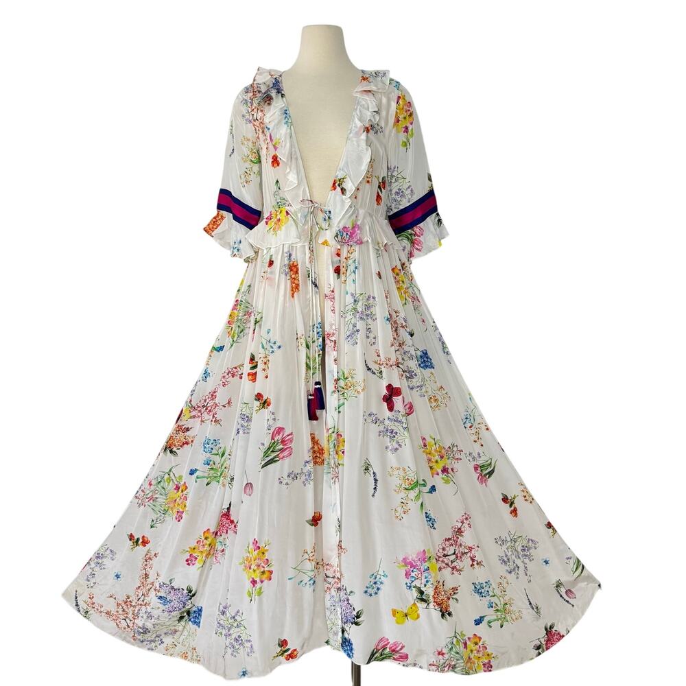 Rococo Sand Satin Kimono Coverup Tiered Ruffle Maxi Open-Front Duster Topper S - Picture 1 of 13